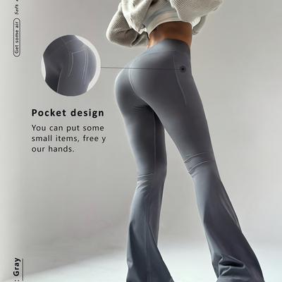 TEMU Women's High-waist Pocketed Flare Leg Yoga Pants - Light Gray, Stretchy & Breathable For Fitness, Exercise, And Outdoor Activities, Wear Pants|| Image