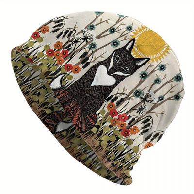 TEMU Boho Fox Print Beanie For Men, Biihudu Brand, Polyester Knit Skull Cap With Elastane, Hat Image