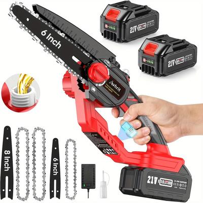 TEMU 8 Inch Mini Chainsaw With 2 × 4000mah Battery, Brushless Chainsaw With Lubrication System, 2 Batteries & Tool- Tension, Garden Accessories, Electric Hand Chainsaw For Garden Image