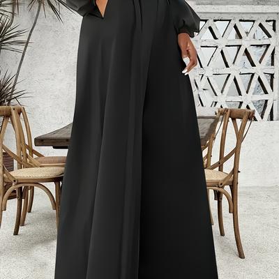 TEMU Women' Black Wide-leg Pants - Loose Fit, No Belt, Zipper Back, Pockets, Summer Adult Size, Casual Wear, Casual Summer Wear|wide Leg Pants|zipper Closure Image