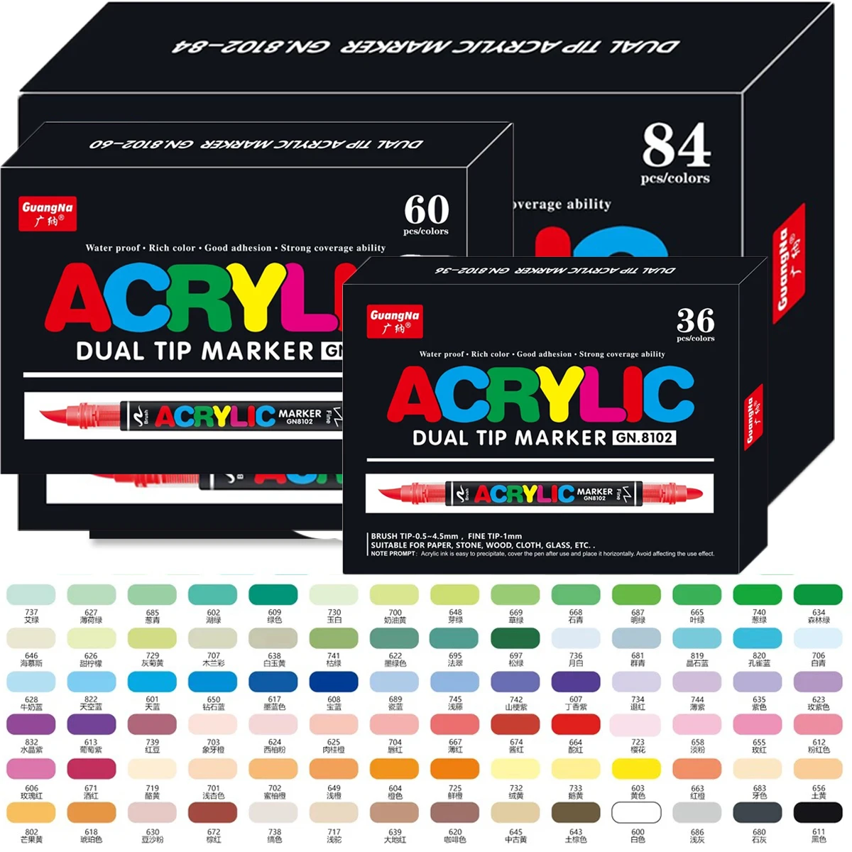 GUANGNA 168/60 Farben Doppel-/Einzelspitze, direkt flüssiger Acryl-Marker, wasserfester Stift, weiche Spitze für Schule, Kunstbedarf, Schreibwaren Image