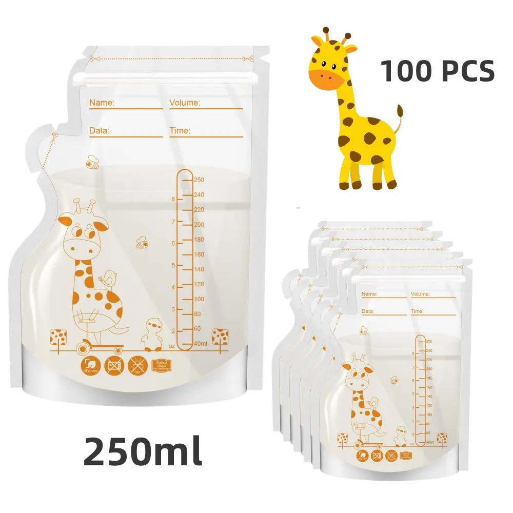 PE-Giraffen-Muttermilch-Aufbewahrungsbeutel, 250 ml, 30 Stück/60 Stück pro Packung, Pre-Stick-Etiketten, BPA-frei, auslaufsicher, Image