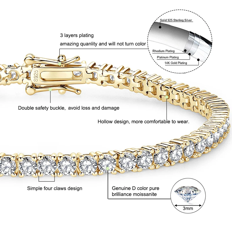 Anziw Tennis-Armband aus 925er-Sterlingsilber, 14 Karat Gold, 3 mm, 5 mm, D VVS1, runde Moissanit-Armbänder für Damen, Herren, Paare, Geschenke