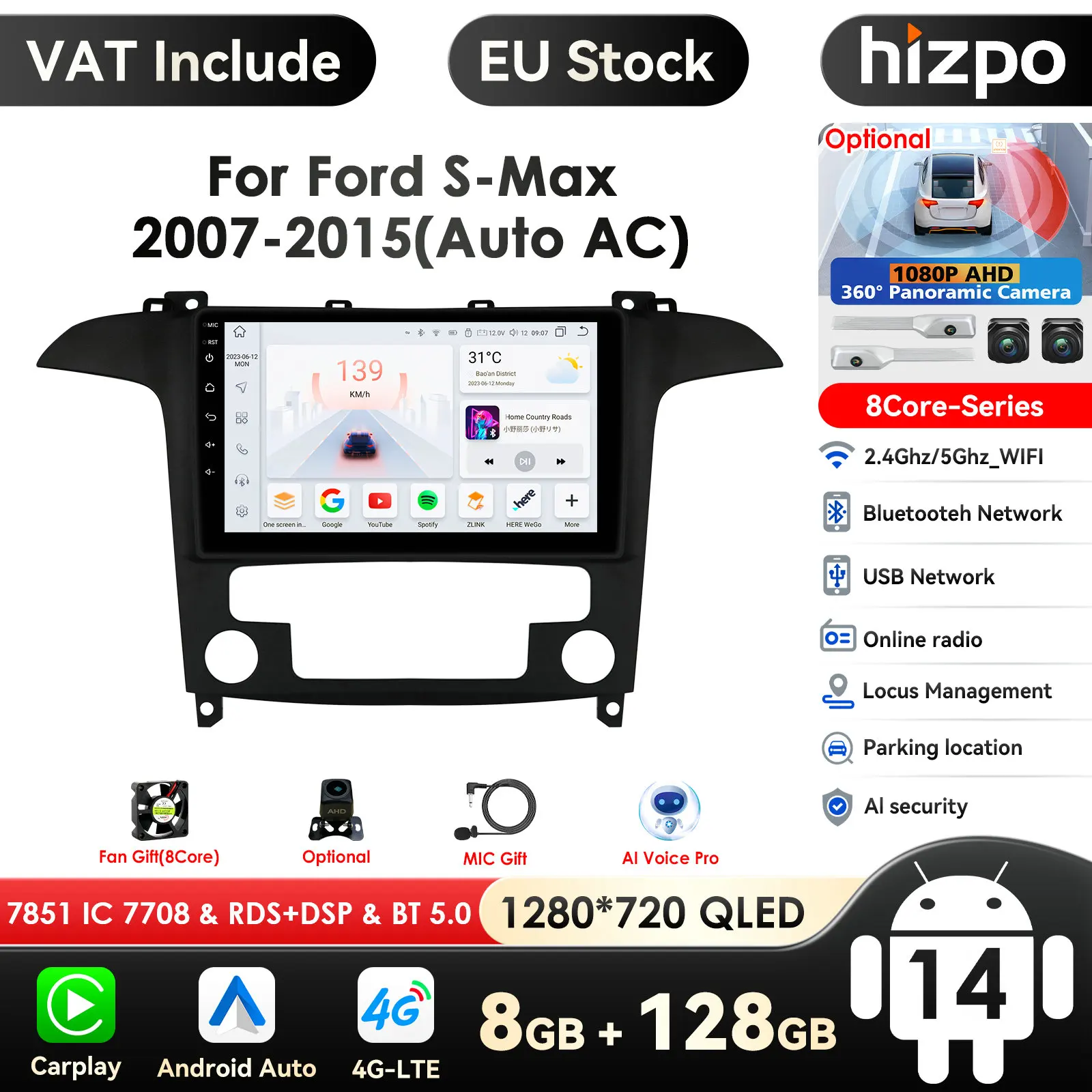 4G-persévérance AI 2Din Android pour Ford S Max S-MAX 2007-2015 Autoradio limitation Lecteur Vidéo Stéréo Navigation GPS Carplay Autoradio
