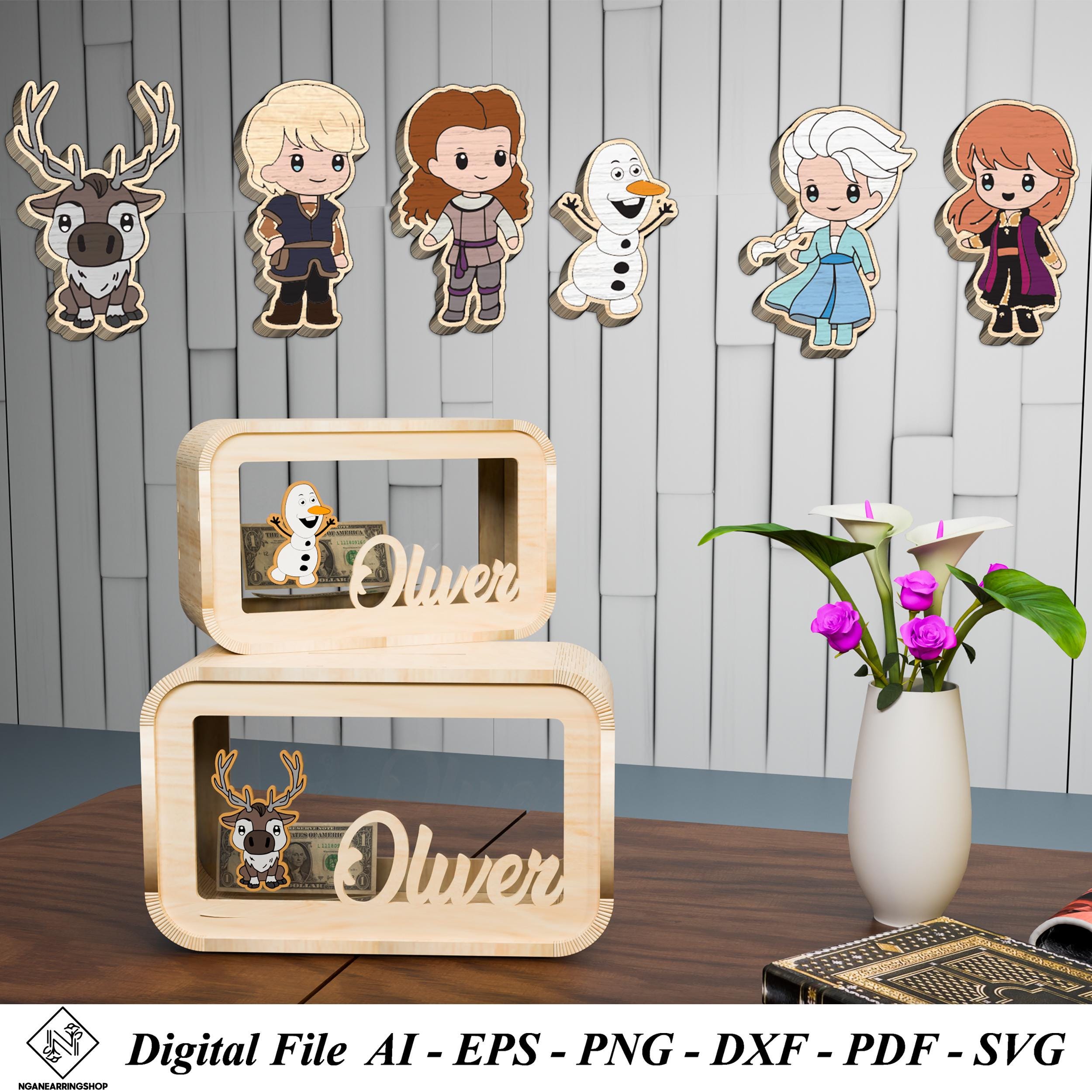 Salvadanaio Frozen in formato SVG con taglio laser, Salvadanaio Elsa in formato SVG, Salvadanaio Olaf in formato SVG, Regalo per bambini, Salvadanaio