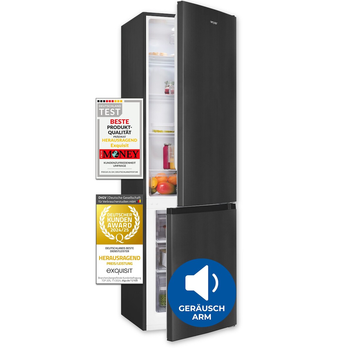 Exquisit Kühl-Gefrierkombination, 262 Liter, Alarm-Funktion, 4 Glasablagen, 3 Gefrierschubladen, 4-Sterne-Gefrierfach, KGC265-70-040D inoxlook-az Image