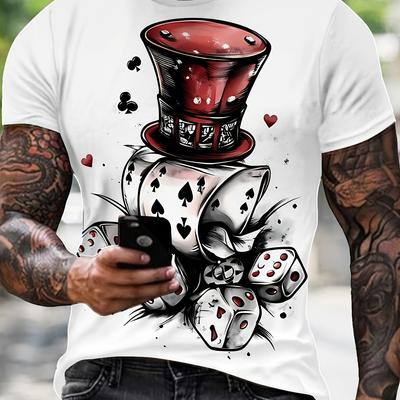 TEMU 1pc Men's Novelty 3d Dice And Playing Cards T-shirt, Summer Fashion Casual Short Sleeve Crew Neck Tee, Polyester Knit Fabric With Stretch, Regular Fit Image
