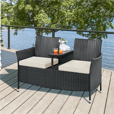 TEMU Costoffs 2-seater Garden Chair With Center Table Function From Pe Rattan Bistro Set Patio Chair, Space-saving Design, Easy To Care, Integrated Shelf, Stylish Outdoor Furniture Image