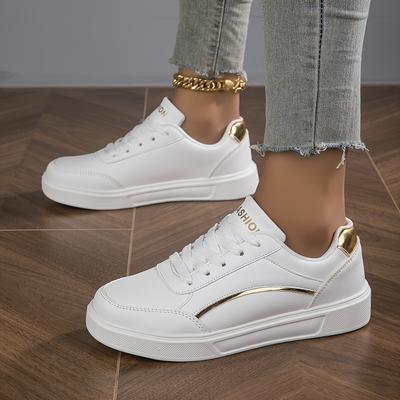 TEMU Women's Lightweight Casual Sneakers - White Low-top Walking Shoes With Golden Accents, Synthetic Cover Upper & Cushioned Md Sole, Breathable Fabric Lining For , Cute Shoes Image