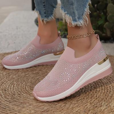TEMU 2025 Plus-size Rhinestone Women's Shoes, Spring Flying Woven Slip-on Sneakers, Casual Mesh Shoes, Breathable Sock Shoes In Elastic Girl Pink. Image