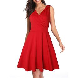 Femmes Mini Robe Robe ajustée et évasée Élégant ancien Coupe régulière Couleur Unie Vintage Sans manches Col en V Vin Rouge Été Printemps