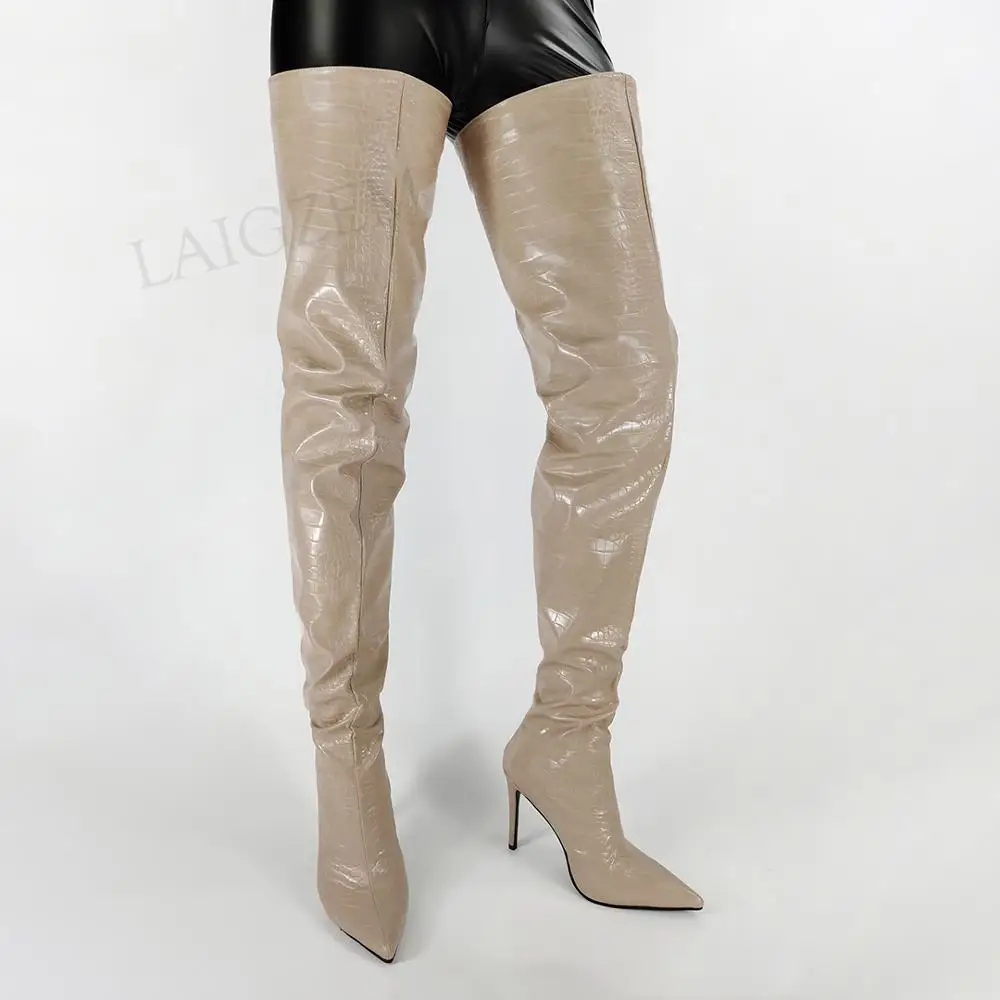 LAIGZEM Damen-Stiefel im Schritt, hohe Stiefel mit Reißverschluss hinten, dünne Stiletto-High-Heels-Stiefel über dem Knie, Party-Abschlussball-Schuhe, Frau, große Größe 41, 44, 46 47