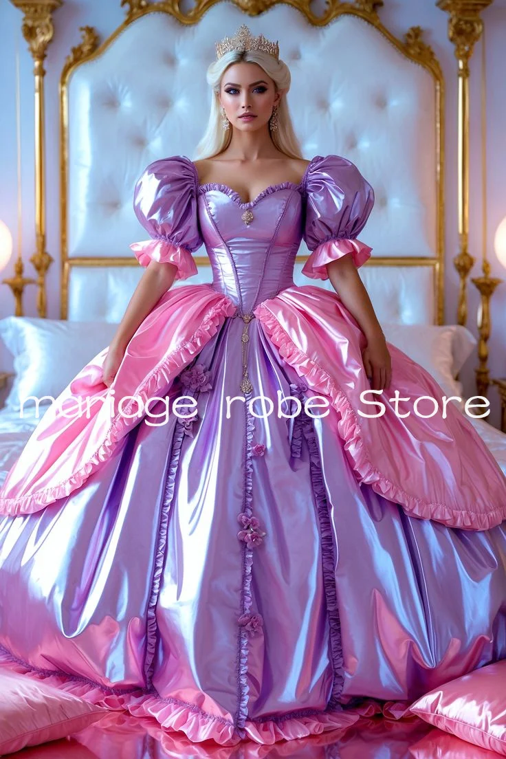 Rosa lavendelfarbene viktorianische Abendkleider, Puffärmel, gerüschtes Schnürkorsett, glänzendes Lolita-Rokoko-Abschlussballkleid nach Maß Image