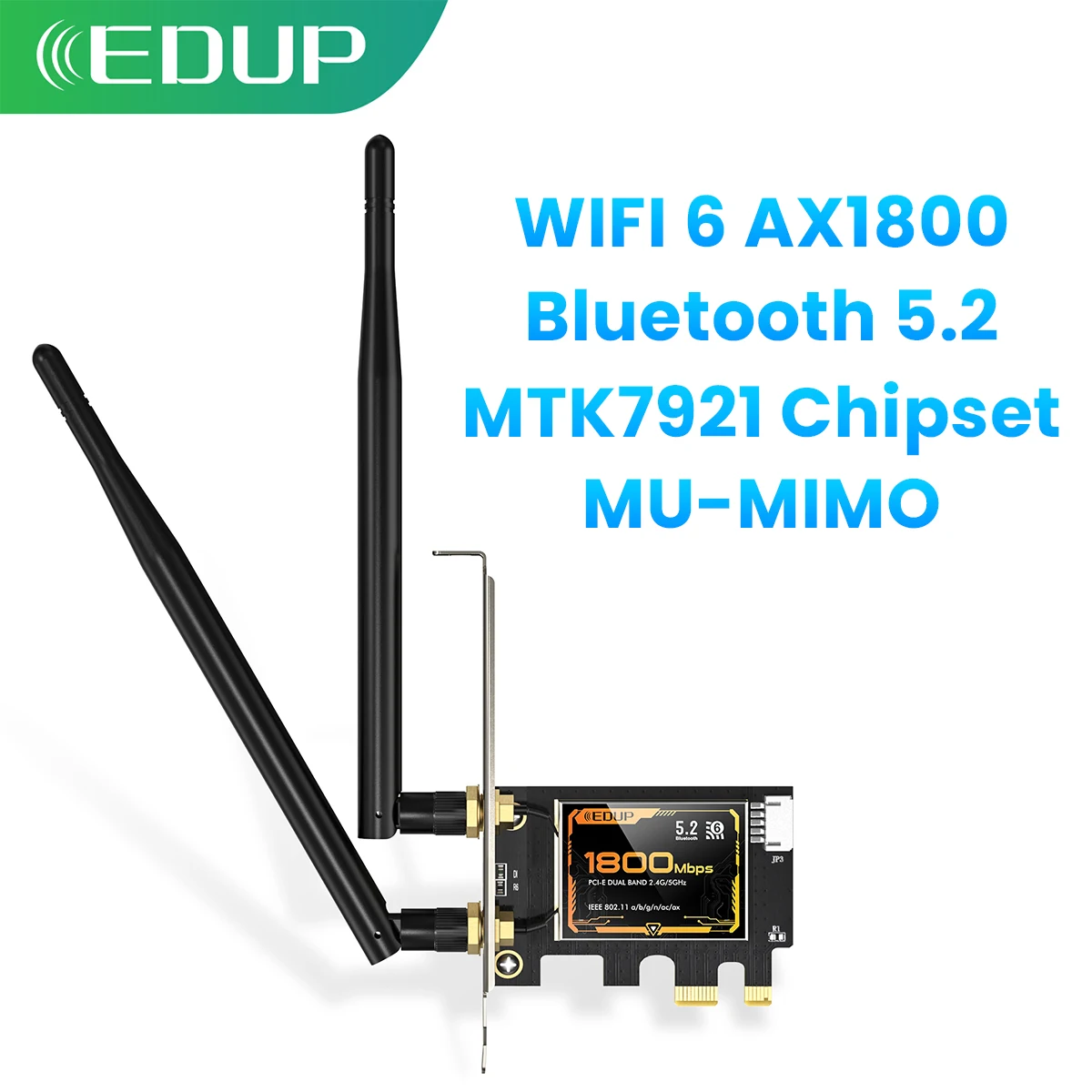 EDUP 9655 AX1800 WiFi6 Bluetooth 5.2 PCI-E Netzwerkkarte Leistungsstarker Chipsatz-Adapter mit 2 x 6 dBi Antennen für Windows 10 und Linux Image