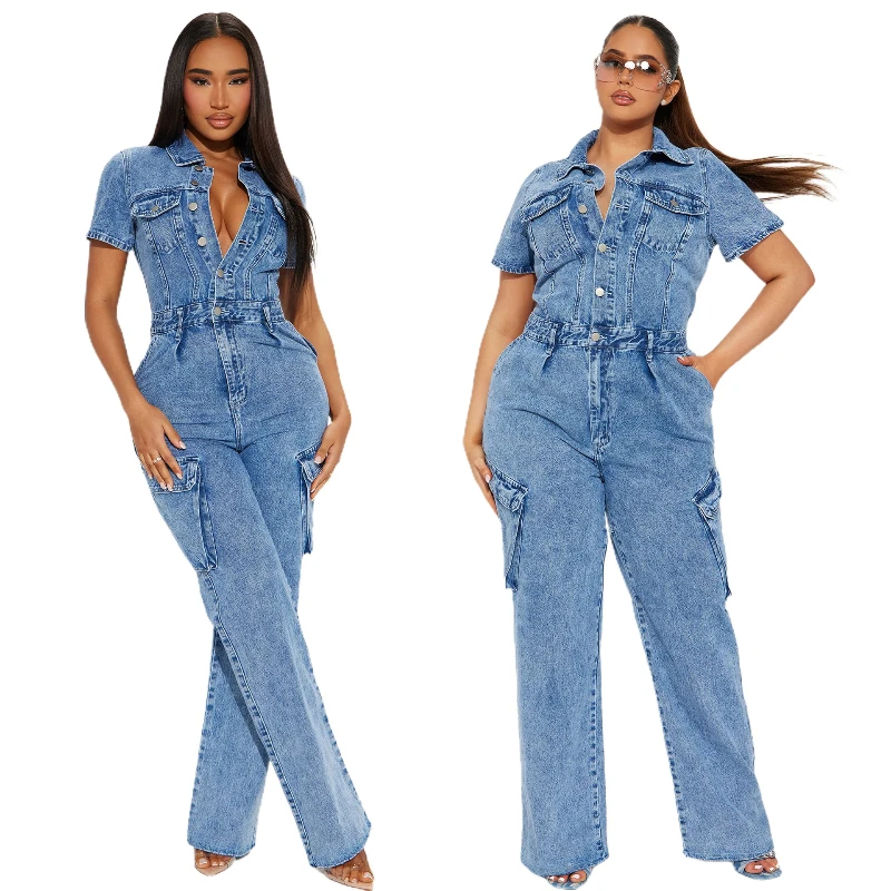 Overalls Frauen Denim Overalls Kurzarm Einteilige Lange Hosen Y2k Streetwear Hohe Taille Einreiher Strampler Mom Jeans Image