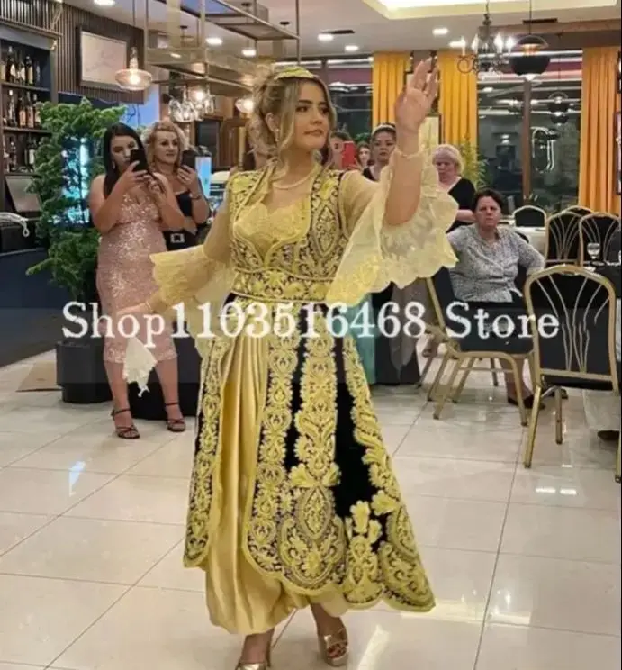 Exquisite benutzerdefinierte Gold Nahen Osten Abend Saudi-Arabien Party Kleider Perlen Spitze Applikationen formelle Robes de Soirée Spitze Image