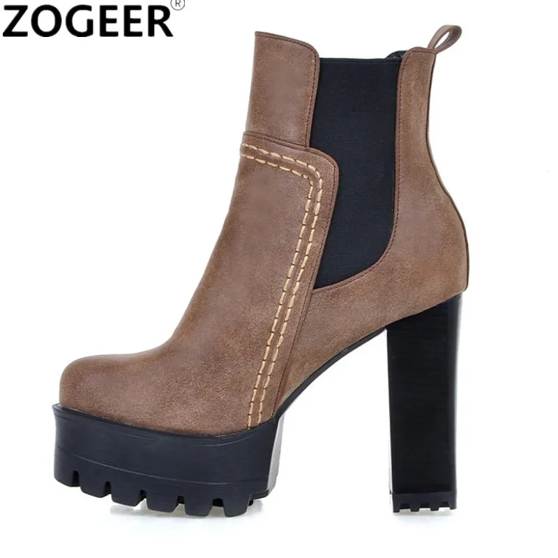 Mode Stiefeletten für Frauen Plattform Runde Kappe High Heels Kurze Stiefel Weibliche Punk PU Grau Braun Vintage Herbst Winter Schuhe Image