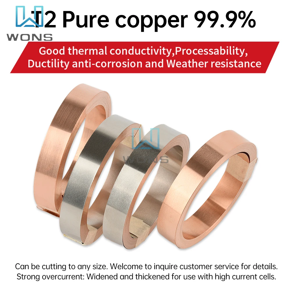 5/10 m T2-Streifen aus reinem Kupfer/Nickel für 18650 21700 Lithium-Akku, Punktschweißband, 0,15 mm, 0,2 mm vernickelter Kupfergürtel Image