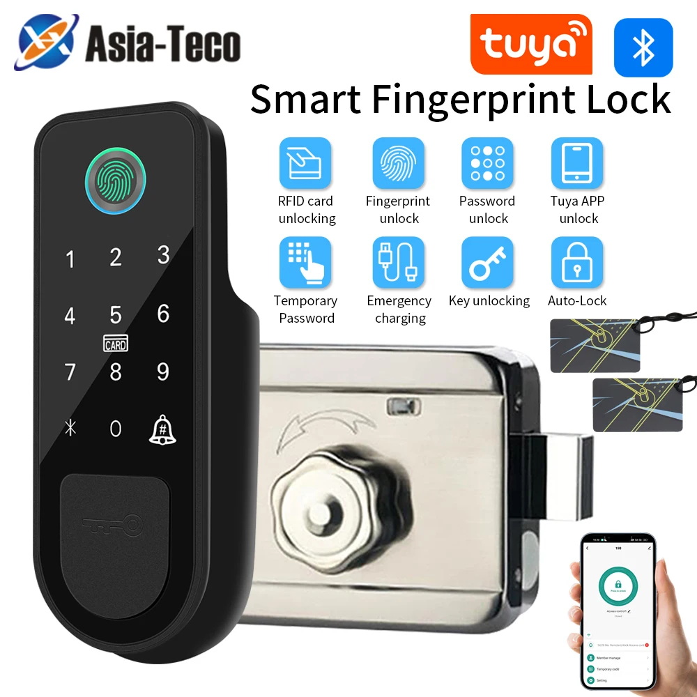 Tuya Smart-Fingerprint Türschloss Außen Tor Schloss Passwort IC Karte NFC Remote App Entsperren Hause Elektronische Felge Bolzen Motor Schlösser Image