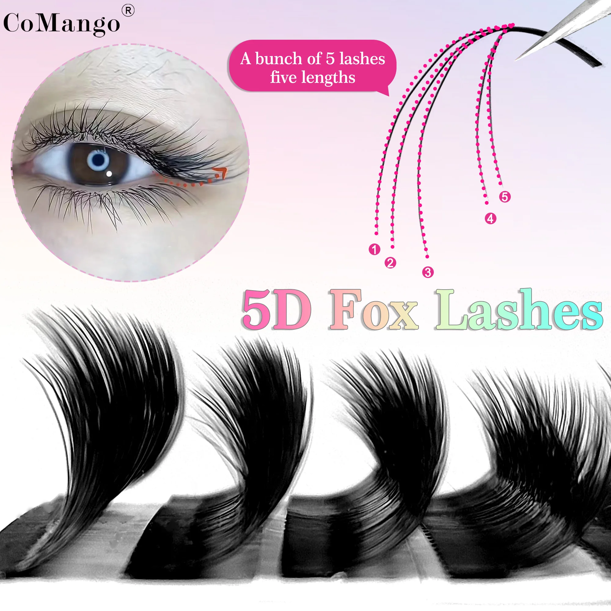 CoMango fox 5D YY shaped eye lashes extension matte black fox eye style lashes premium premade volume soft fans lashes makeup Image