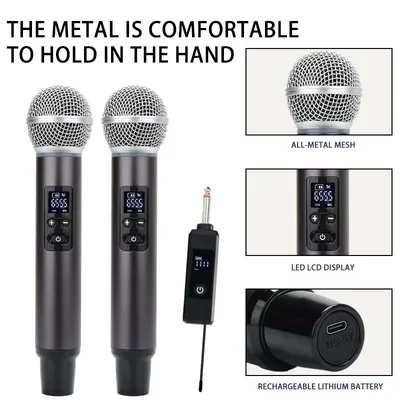 UHF metal wireless microphone, handheld microphone system with receiver, suitable for karaoke,