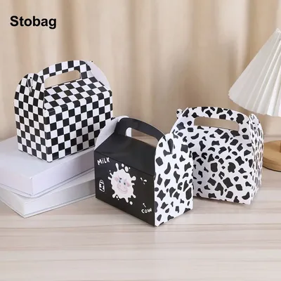 StoBag 12/24pcs Cartoon Cow Kraft paper Gift Tote Box Kids Children Packaging Cake Candy Storage