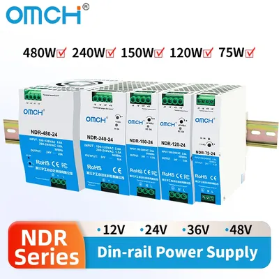 OMCH NDR series 75/120/150/240/480W AC to DC Din-rail switching power supply 88-264VAC Input