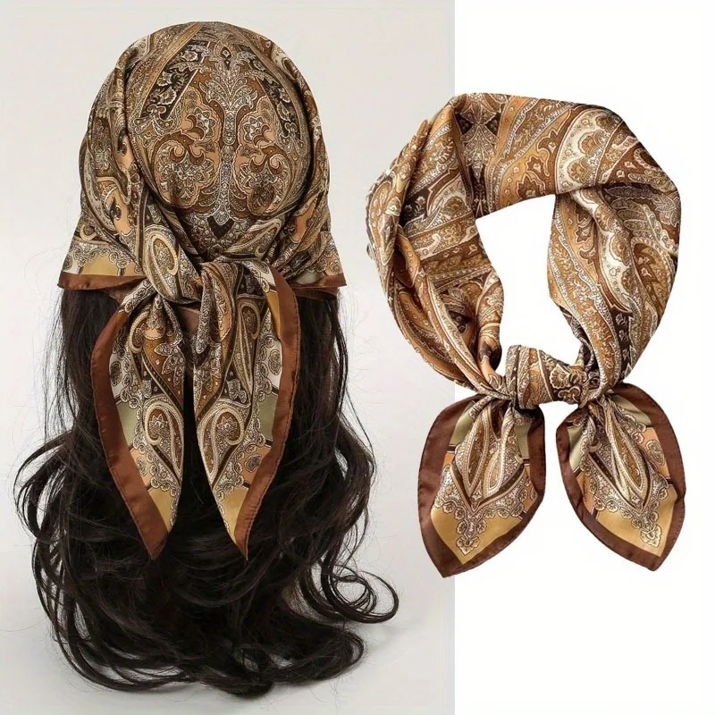 Nuova sciarpa quadrata stampata pied de poule Paisley Colore caffè Sciarpa sottile e liscia al collo Foulard per protezione solare stile vintage per le donne