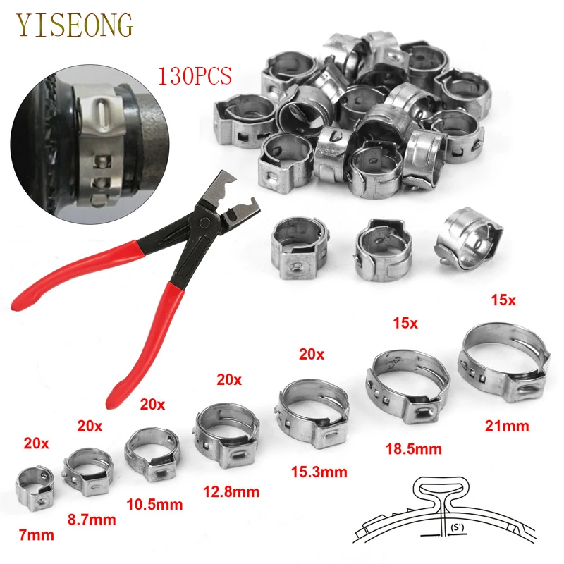 Fascette stringitubo a orecchio singolo da 130 pezzi con pinze o fascette stringitubo da 130 pezzi o 1 pinze da 7-21 mm Kit di attrezzi Fascette stringitubo in acciaio inossidabile 304