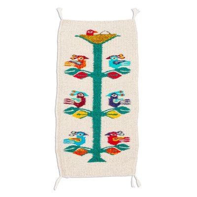 Birds of Teotitlan in Ecru,'Hand Woven Small Ecru Wool Table RUnner with Birds'