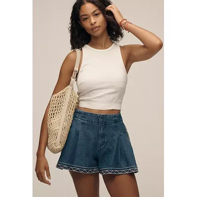Pilcro Embroidered Pleated Denim Skirty Shorts