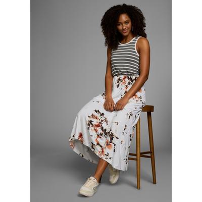2-in-1-Kleid KANGAROOS, Damen, Gr. 38, N-Gr, weiß (weiß, geblümt), Single Jersey, Obermaterial: 95% Viskose, 5% Elasthan, geblümt, geringelt, gestreift, bedruckt, gemustert, casual, Kleider, enganliegendes Oberteil mit fließendem Rock Image