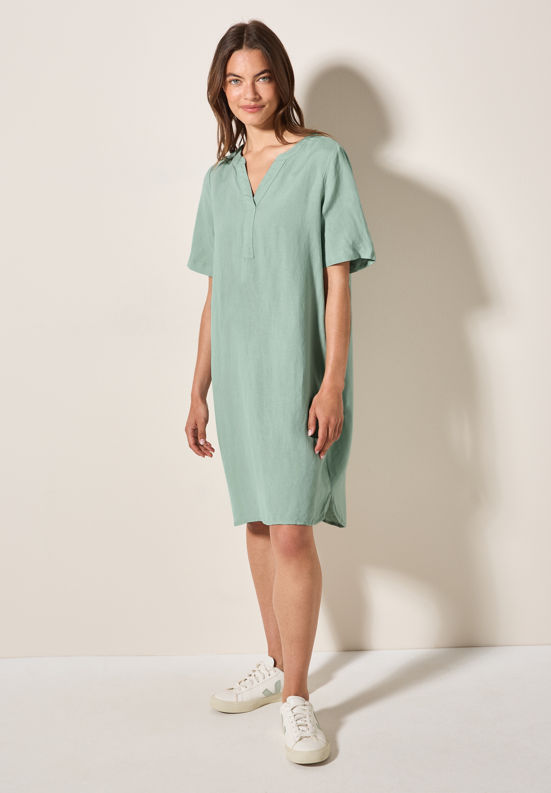 Sommerkleid CECIL, Damen, Gr. S (38), US-Größen, grün (ice sage grün), Stoff, 55% Leinen, 45% Viskose, unifarben, comfort fit knielang, Rundhals, Bündchen, Kleider Sommerkleid