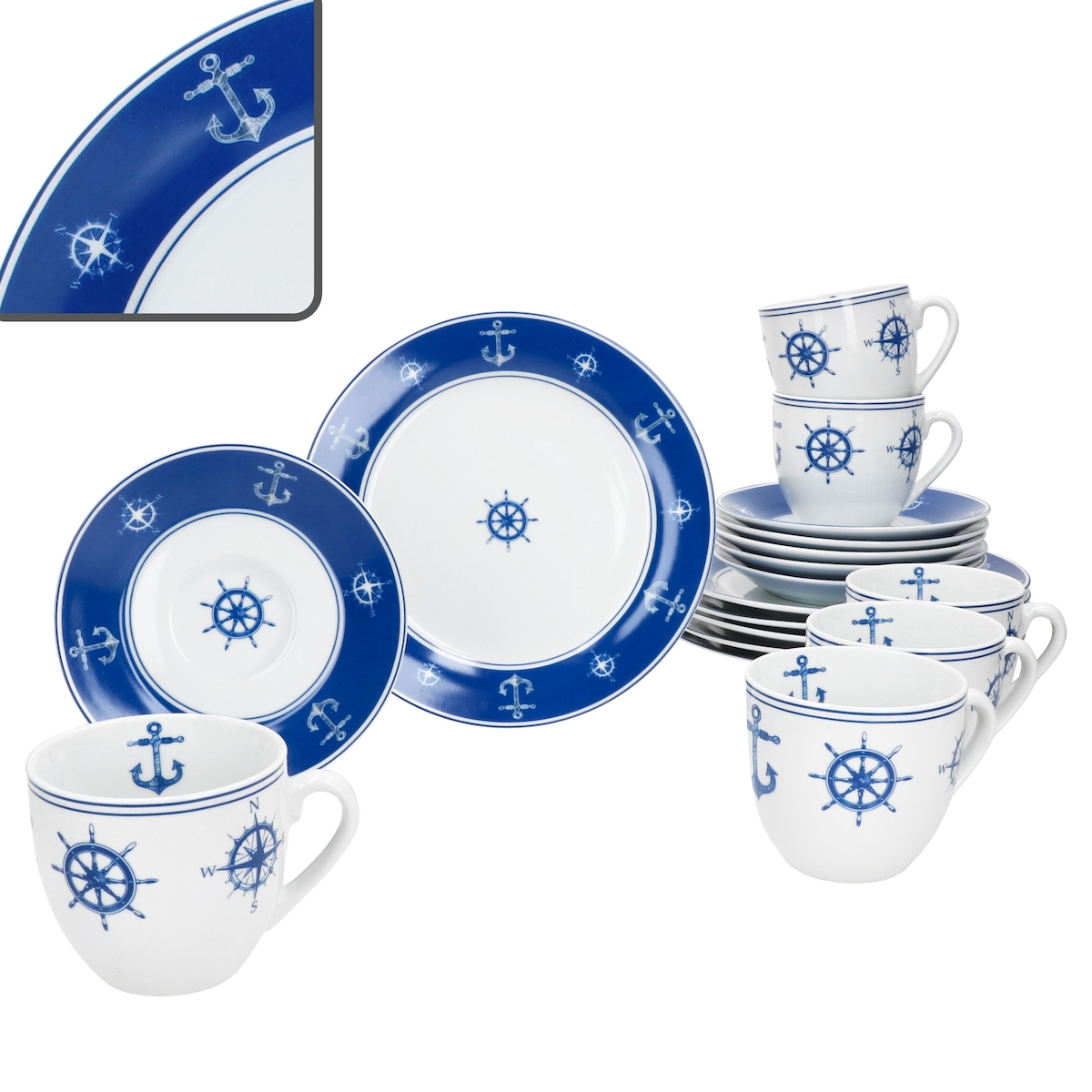 Ahoi 18tlg Kaffeeservice Porzellan 6Pers Tasse Untertasse Teller Anker nautisch Image