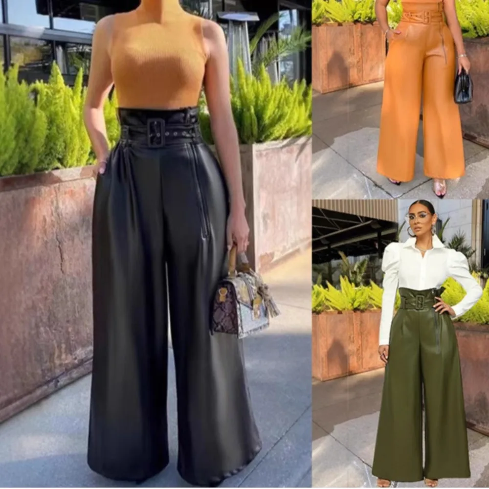 Frauen Armee Grün PU Leder Hosen Mode Hohe Taille Breite Bein Hose Frühling Herbst Mode Gürtel Lose Lange Hosen 2025, Streetwear