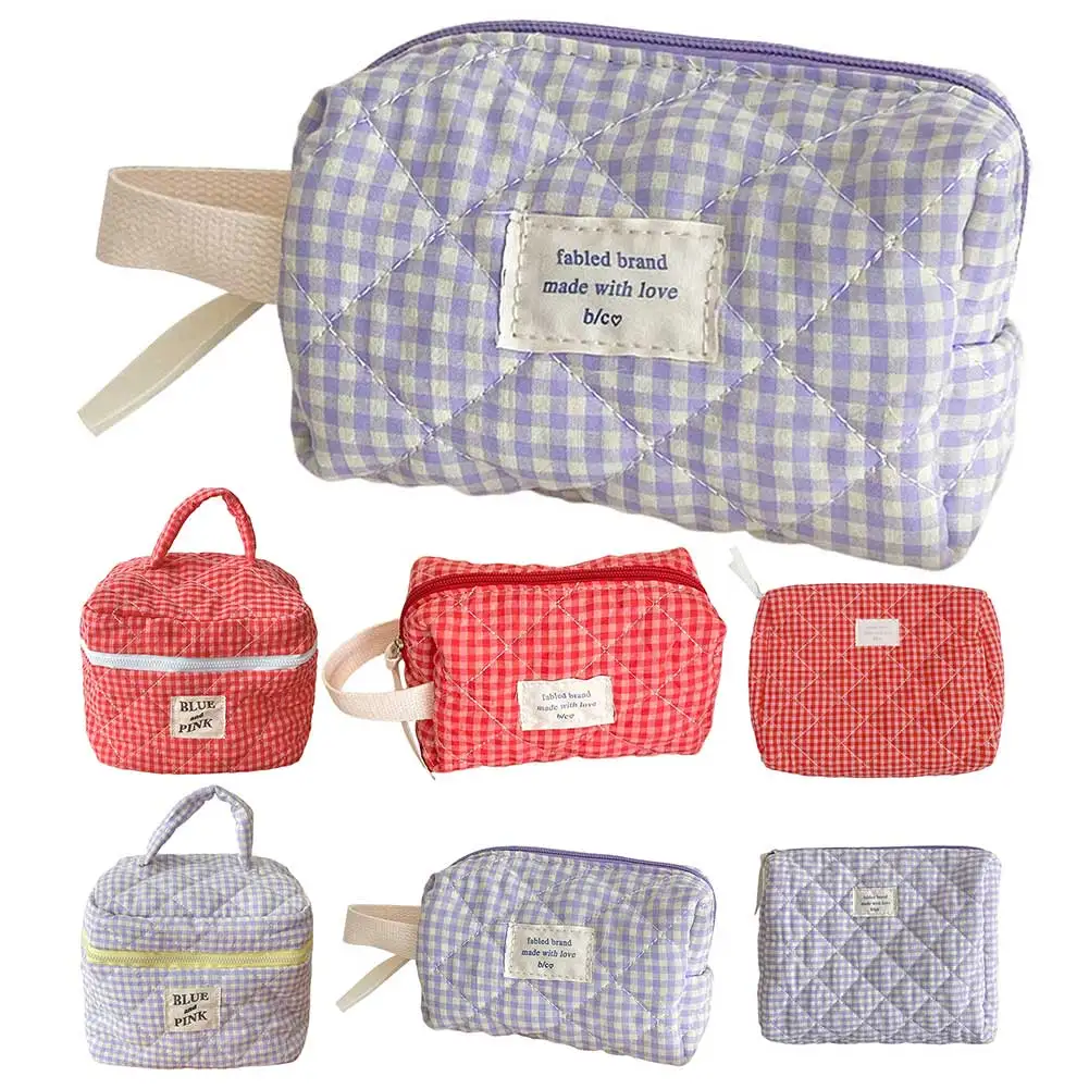 Karierte Make-up-Tasche für Damen, modisch, süße Baumwolle, Make-up-Pinsel, Aufbewahrungstasche, weicher Stoff, Organizer-Beutel, niedliche Reise-Kulturtasche Image