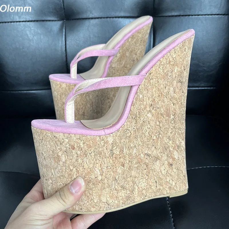 Olomm handgemachte Damen-Plateau-Flip-Flops, Sandalen, Keile, High Heels, runde Zehen, wunderschöne rosa Freizeitschuhe für Damen, US-Größe 5–15