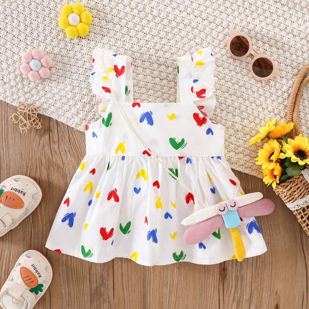 Baby Mädchen Kleid Sommer Voll Gedruckt Liebe Muster Neckholder Square Neck Mädchen Kleid Nette Casual Strand Mädchen kinder Kleid mit Tasche ﻿ Image