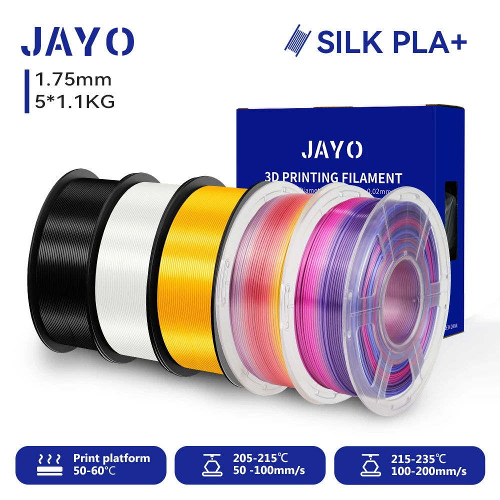 JAYO 3D SILK PLA+ Druckerfilament 1,75 mm+/-0,02 mm 5 Rollen SEIDE 3D-Druckerfilament Ordentlich gewickelt und keine Blasen PLA für 3D-Drucker Image