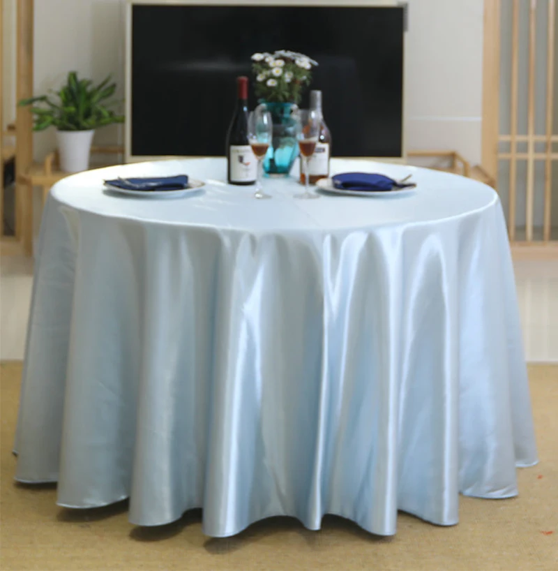 Runde Satin-Tischdecke, himmelblaue helle Seide, Tischdecke für Babyparty, Hochzeit, Geburtstag, Party, Bankett, Weihnachten, Tischdekoration Image
