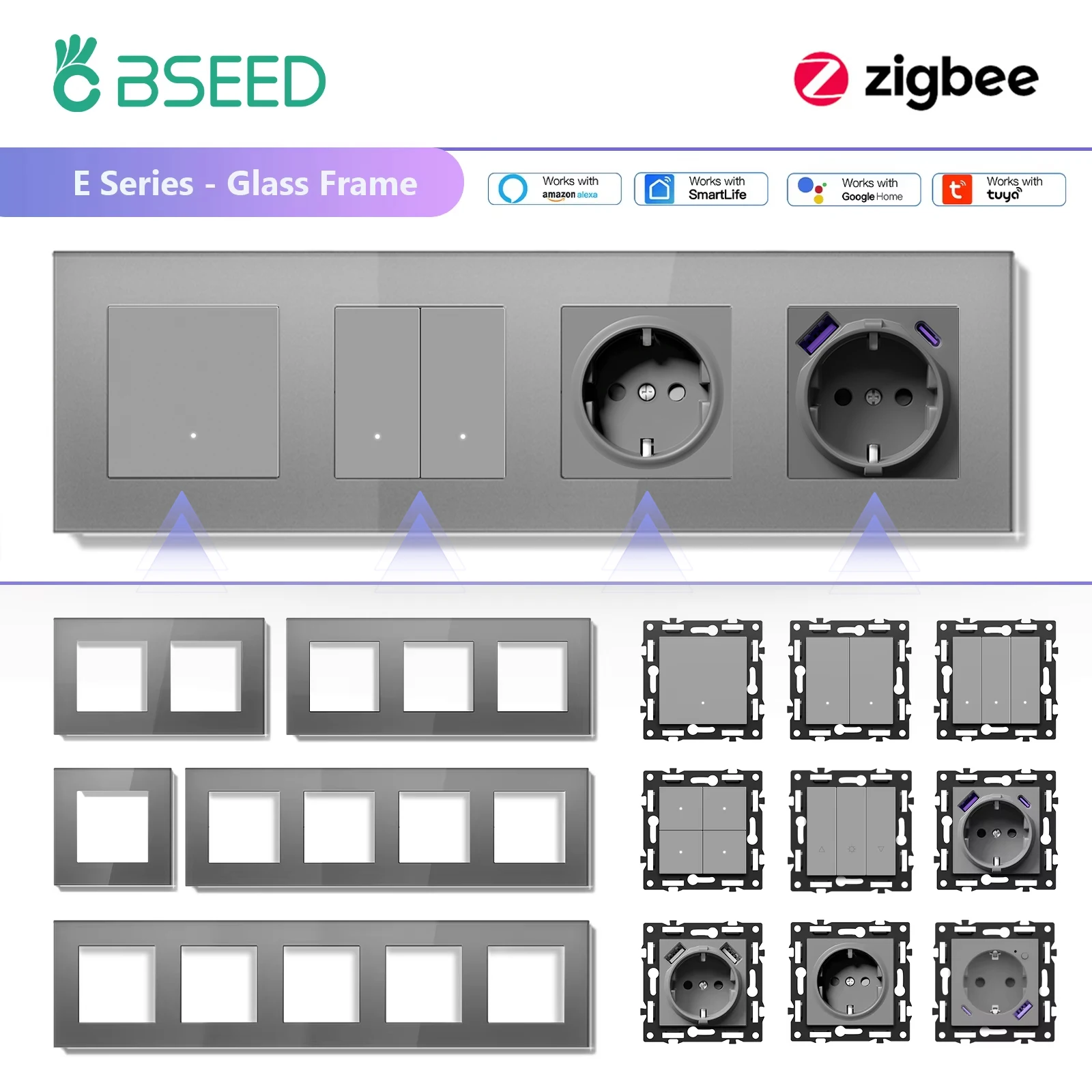 BSEED Zigbee Smart Mechanische Taste Schalter Funktion Teile Tuya Alexa Control EU Buchse Teile Glas Panels DIY Zubehör Image