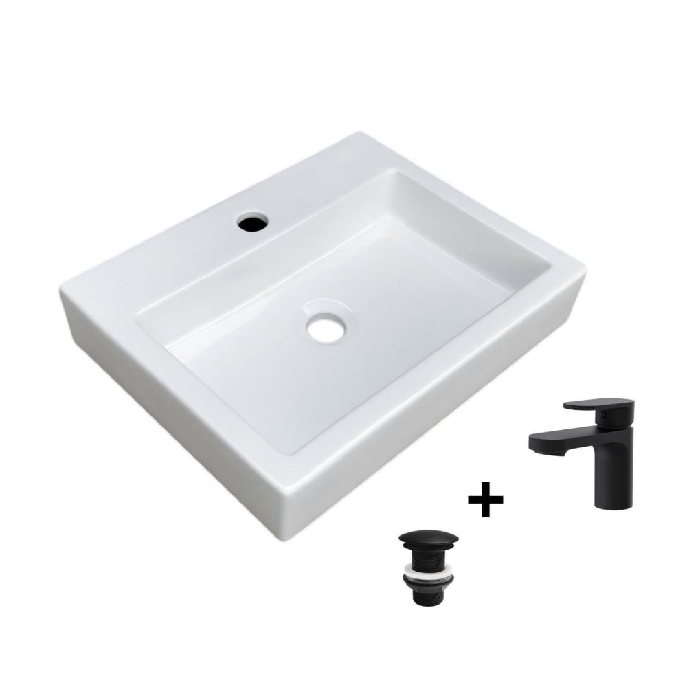 Vasque à poser rectangulaire 48x38cm + robinet + bonde