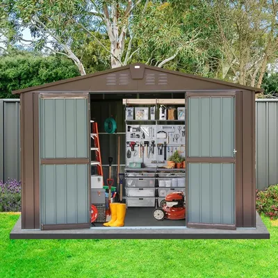 10' x 8' Storage Shed, with Double Lockable Doors & Air Vents for Backyard Patio Garden Lawn Brown,