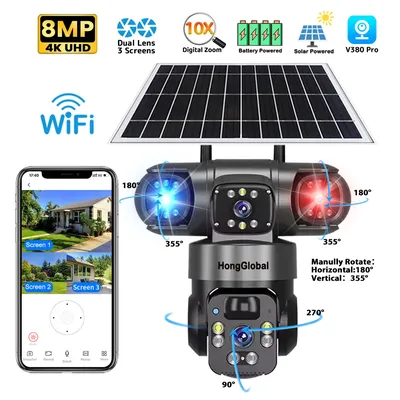 HongGlobal 8MP Wireless Dual Lens WiFi Solar Powered IP PTZ Camera V380 Pro 4K Surveillance Outdoor