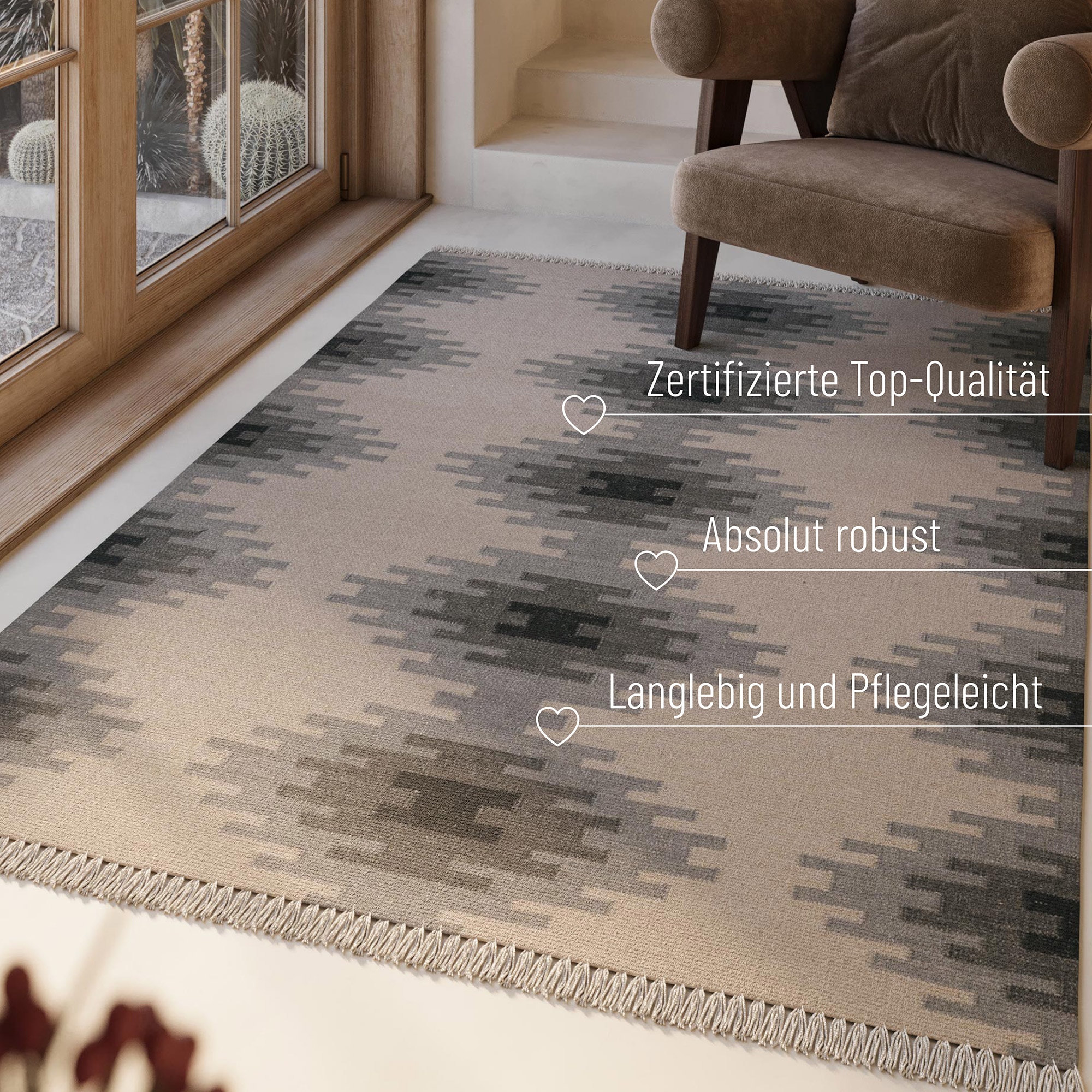 Wollteppich GREEN LOOOP "Belle", beige (beige, grau), B:80cm H:5mm L:150cm, Wolle, Teppiche, Fransen, Kelim, handgewebt, Natur, Wohnzimmer, Schlafzimmer, Raute