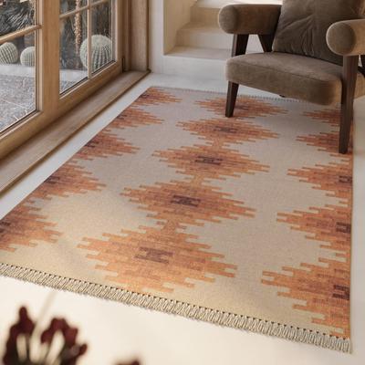 Wollteppich GREEN LOOOP "Belle", beige (beige, hell), B:240cm H:5mm L:340cm, Wolle, Teppiche, Fransen, Kelim, handgewebt, Natur, Wohnzimmer, Schlafzimmer, Raute Image