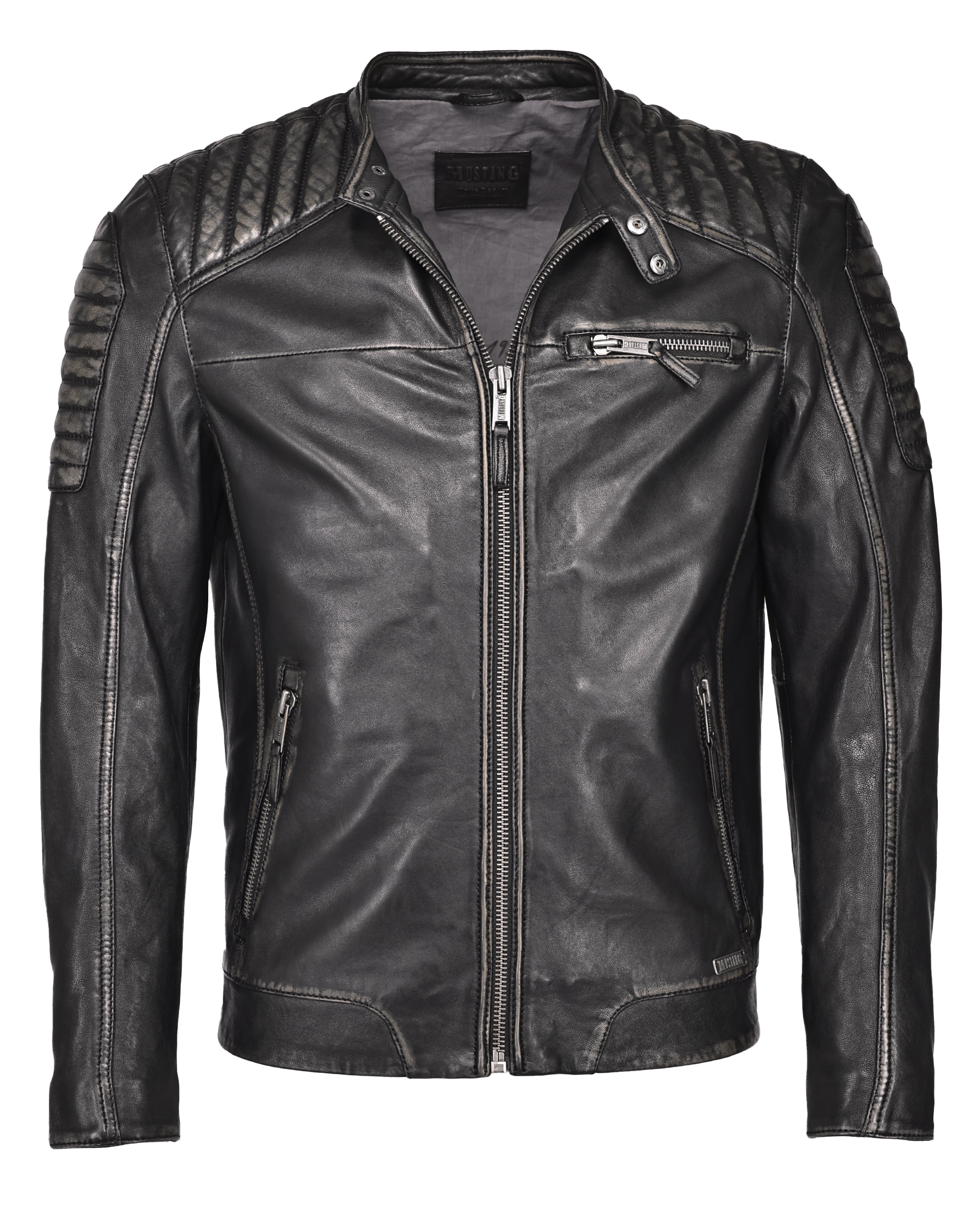 Lederjacke MUSTANG "31021307", Herren, Gr. 3XL, schwarz (vintage schwarz), Obermaterial: 100% Lammleder; Innenfutter: 100% Polyester; Ärmelfutter: 100% Polyester, Jacken