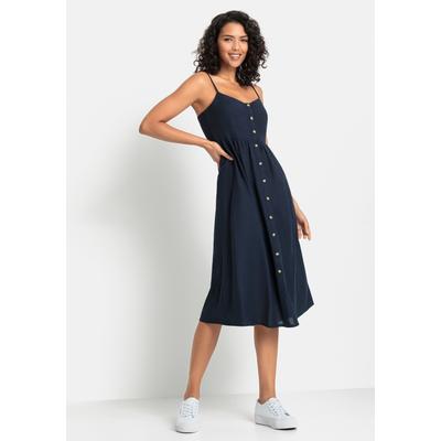 Sommerkleid LASCANA, Damen, Gr. 36, N-Gr, blau (marine), Web, Obermaterial: 58% Viskose, 28% Baumwolle, 14% Leinen, unifarben, modisch, figurumspielend Midi, V-Ausschnitt, ohne Ärmel, Kleider, aus Leinenmix mit Baumwolle, Midikleid, Strandkleid,... Image