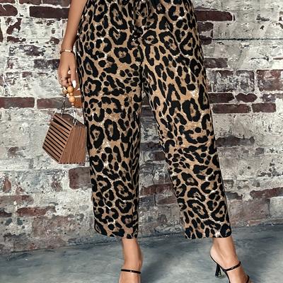TEMU Size Leopard Print Tapered Pants With Drawstring Waist - Machine Washable, Polyester Image
