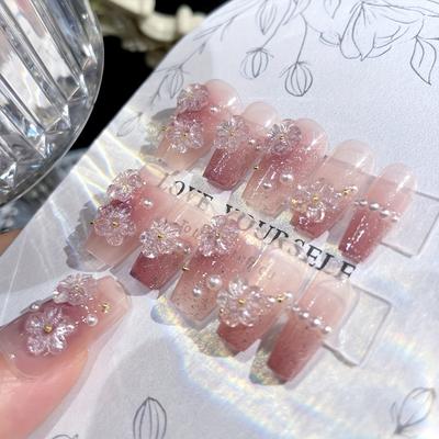 TEMU 24pcs Handmade Press-on Nails, Elegant Pink Gradient With 3d Floral & Pearl Accents, Long Square Shape, - Easy To Apply, Full Coverage Fake Nails For A Chic Look Image